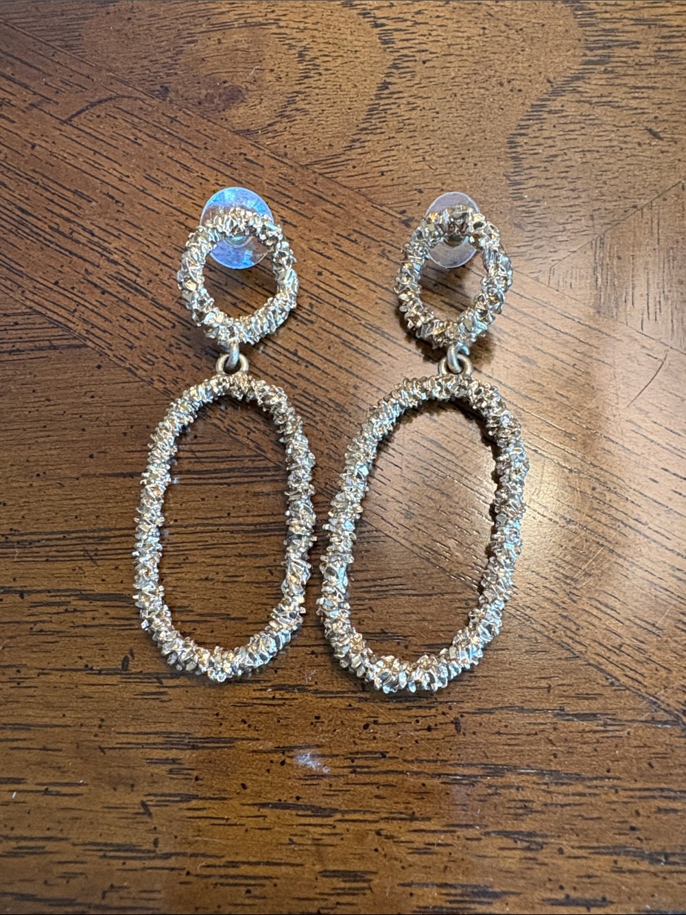 Gold Textured Double Oval Drop Earrings - Women Jewelry